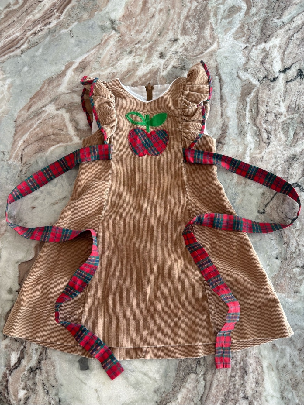 Vintage Girls First day of school dress Apple Corduroy Ruffle Sun Dress Size 5
